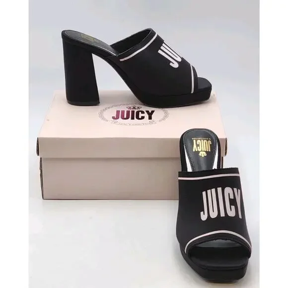 Juicy Couture Juicy Girly Womens Size 8.5 M Heeled Sandals Black White Logo - Picture 3 of 16